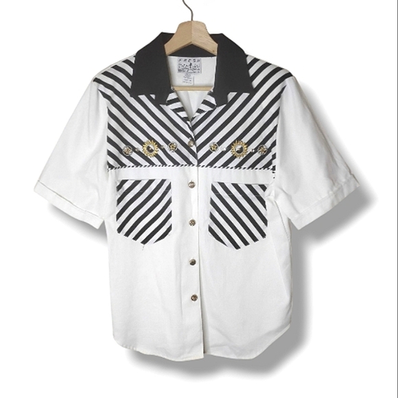 Vintage 80s Beaded & Embroidered Camp Shirt Sz M Vinyl Shop Crawl Coffee Date - Picture 1 of 7